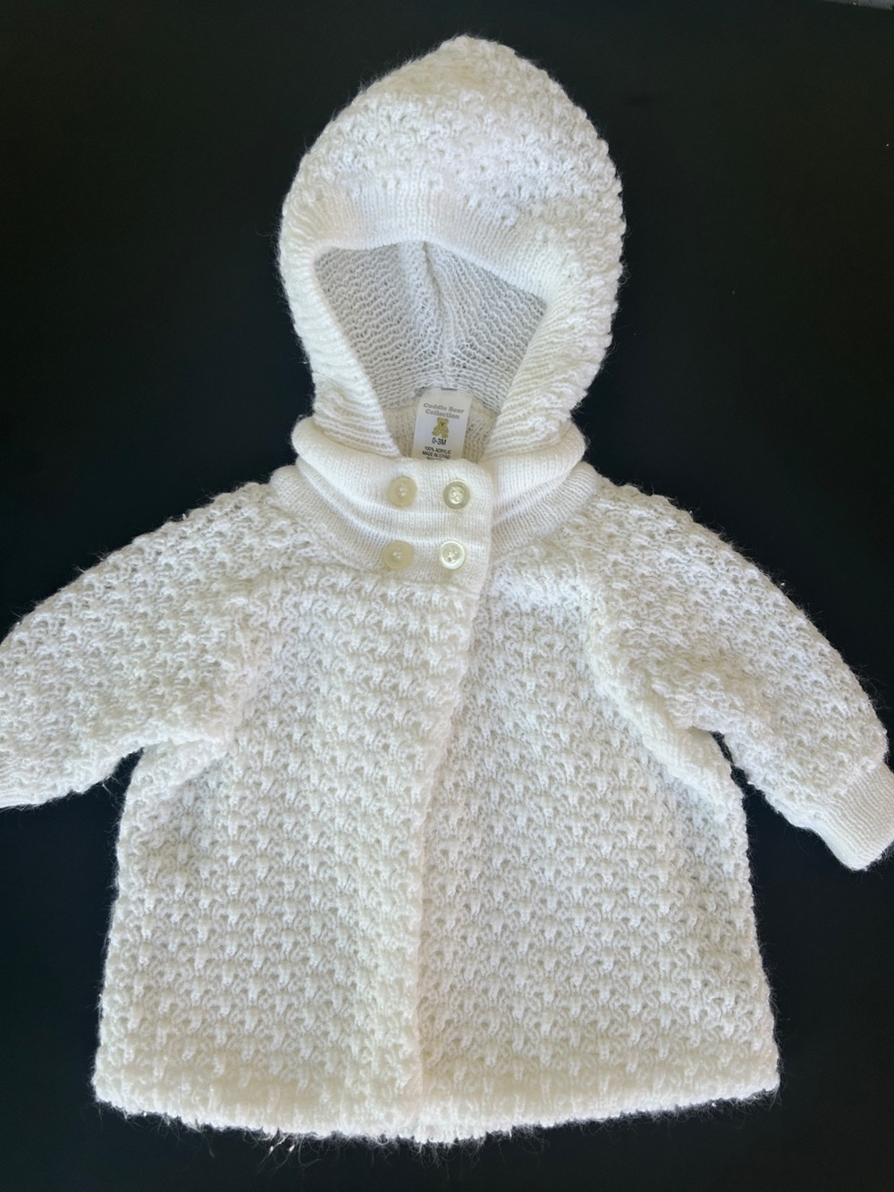 Baby Girl Hooded Knit White Sweater Coat | 0-3 Months | Cuddle Bear Collection
